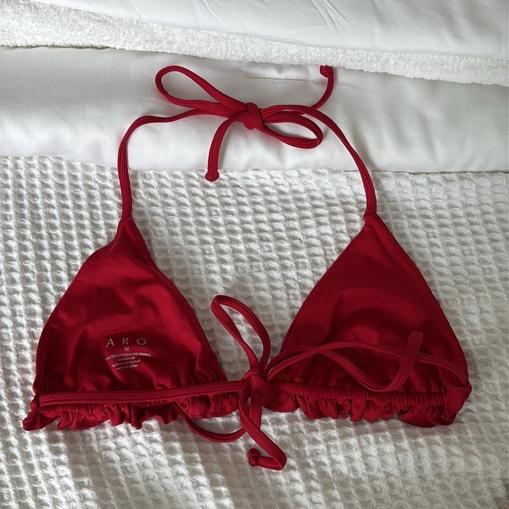 ARO Red Ruffle Textured Ribbed Triangle String Bikini Top - Picture 3 of 5